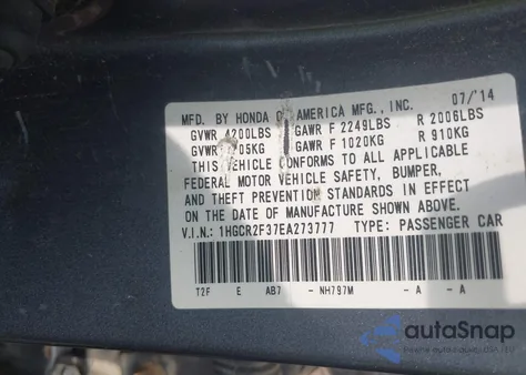 2014 Honda Accord Lx z USA, uszkodzony, nr VIN 1HGCR2F37EA273777